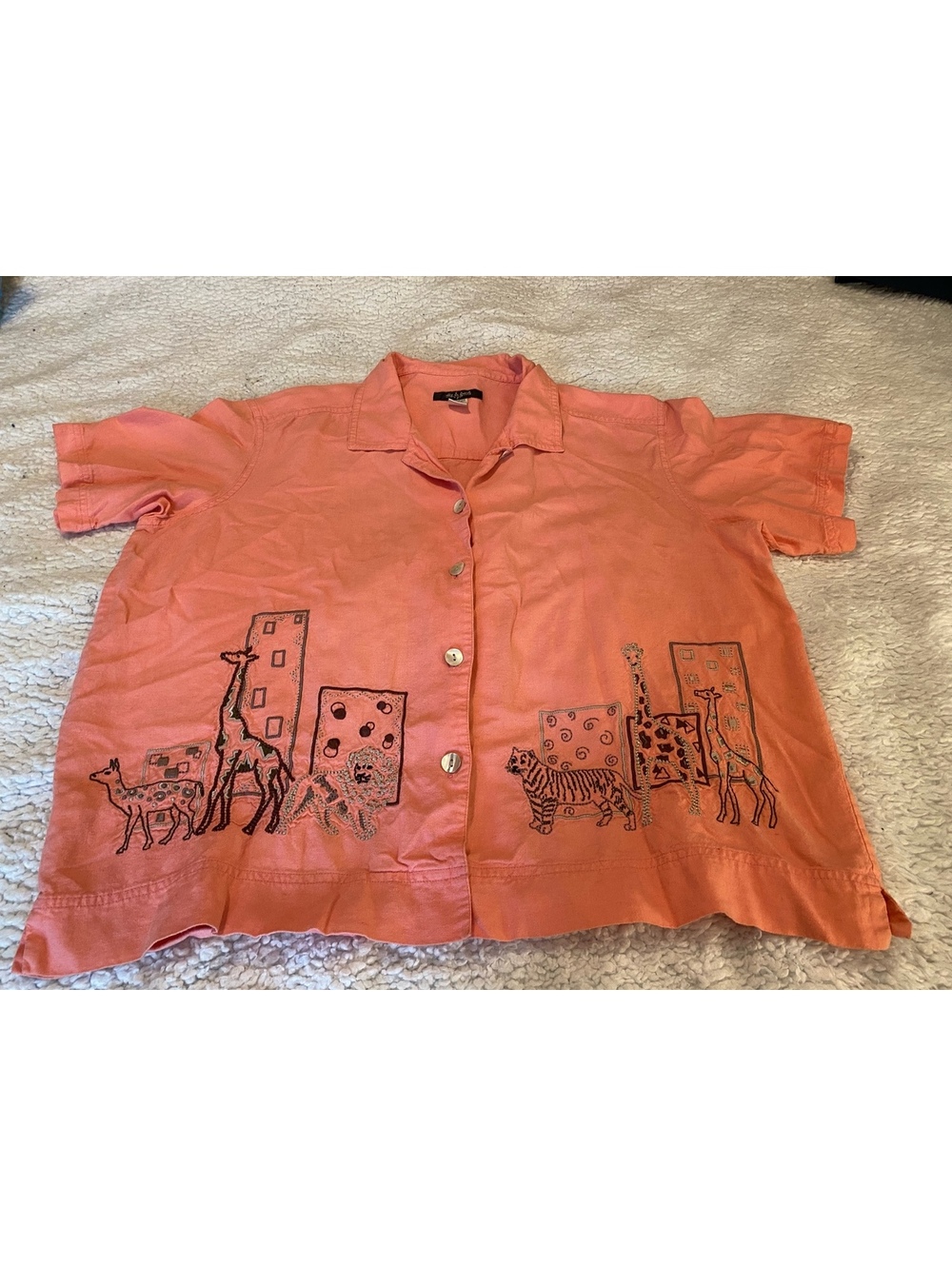 Abby & Friends XL Safari Animal Embroidered Shirt Coral Art to Wear Y2K